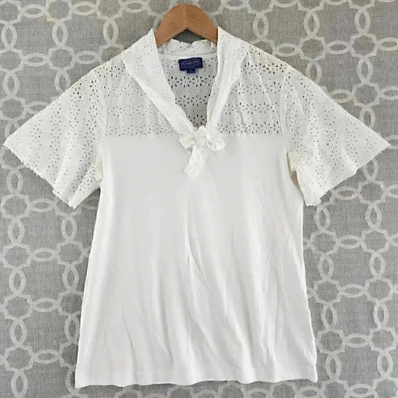 Pendlen Tied Neck Cutout detail Short Sleeve White Top M - Picture 1 of 10